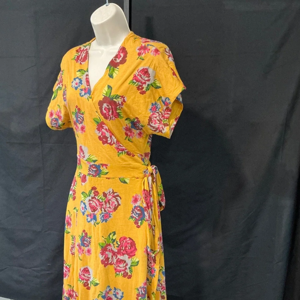 Matilda Jane‎ Wrap Dress Maxi S/M Yellow Floral Cotton V-Neck Short Sleeve Boho